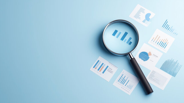 data examination: a magnifying glass hovers over financial reports and charts on a sky-blue surface,