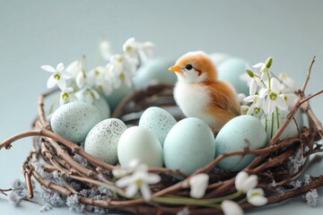 Wall Mural - Cute chick standing in easter nest surrounded by pastel color eggs and spring flowers