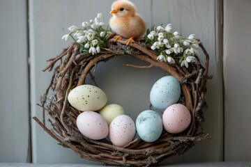 Wall Mural - Easter chick sitting on a twig wreath with colorful eggs and snowdrops flowers