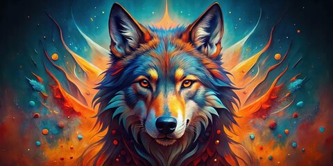 Naklejka na meble Vibrant Wolf Portrait in a Cosmic Abstract Setting, a Majestic Canine with Fiery Hues and Celestial Dust