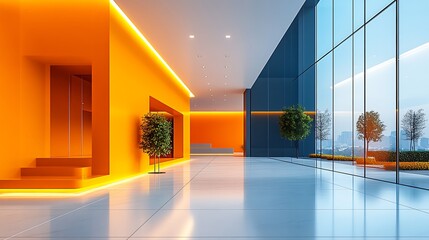 Wall Mural - Modern office interior featuring vibrant orange accents, sleek glass walls, and lush greenery