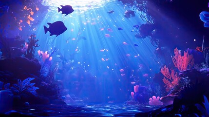 Wall Mural - Underwater ocean scene with shimmering light and fish silhouettes