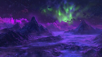 Wall Mural - Vibrant aurora in purple and green tones glowing over distant mountains