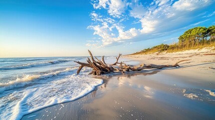 Wall Mural - Wooden branches washed onto a sandy beach shore