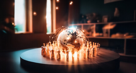 Aufkleber - A glowing network connects a globe encircled by wooden figures on a round platform in a softly lit room. Connectivity concept visualized.