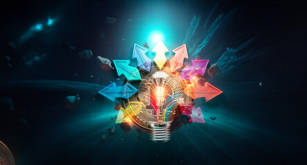 Poster - A bright light bulb, illuminated and surrounded by colorful arrows pointing inwards on a dark background, represents ideas, solutions, and creative direction.