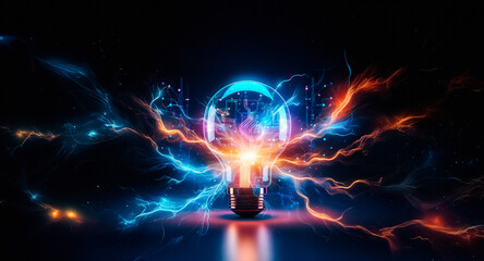 Poster - A glowing lightbulb emits vibrant neon colors, showcasing digital energy and futuristic innovation against a dark backdrop.