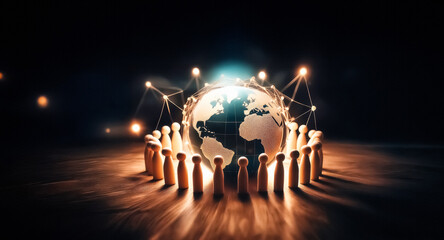 Aufkleber - Wooden figures encircle a glowing globe, linked by bright lines in a dark setting, representing worldwide connections and collaboration.