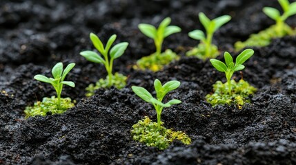 Wall Mural - Fresh green seedlings emerge from dark soil, symbolizing growth and new beginnings in a thriving garden environment.