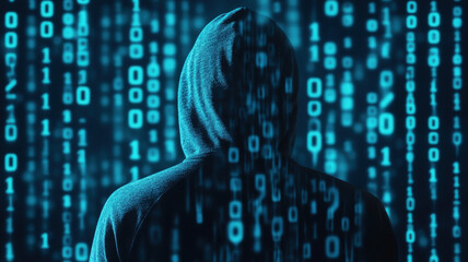 Anonymous hacker in hoodie surrounded by binary code, creating mysterious atmosphere of digital intrigue and secrecy