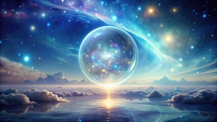 Wall Mural - Celestial Orb Reflecting in a Tranquil, Cloud-Covered Sea Under a Starry Sky, Encapsulating a Miniature Galaxy Within its Transparent Sphere
