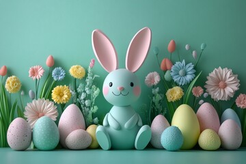 Wall Mural - Toy Bunny With Easter Flowers