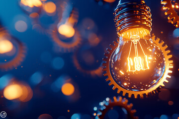 Wall Mural - Interconnected gears and glowing light bulbs create dynamic concept of innovation and creativity