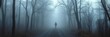 © Pimchada - Mysterious figure walking along foggy pathway surrounded by trees, path, spooky, nature