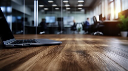 Modern office workspace with a laptop on a wooden table, colleagues collaborating in the background