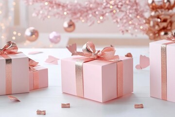 Wall Mural - Pink Gold Gift Boxes - Holiday Background for New Year Celebration. A festive concept featuring elegant pink and gold gift boxes, perfect for celebrating the holiday season in style.