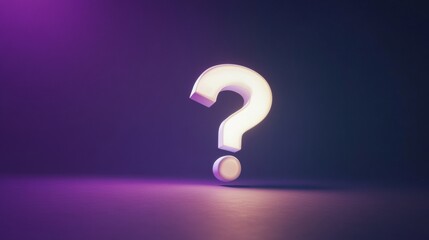 Poster - Glowing question mark in dark room with purple ambient lighting, mysterious and thought-provoking atmosphere. Curiosity and inquiry concept