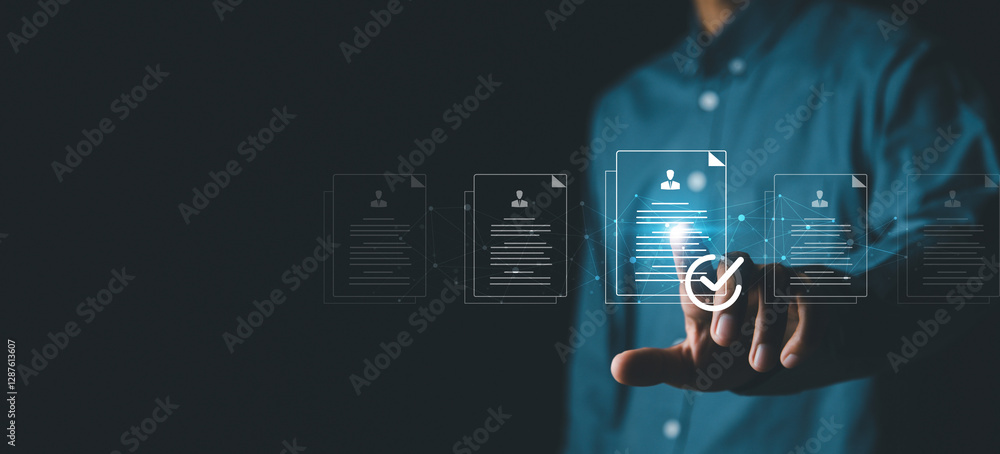 Businessman checks CV on virtual screen The process of recruiting ...