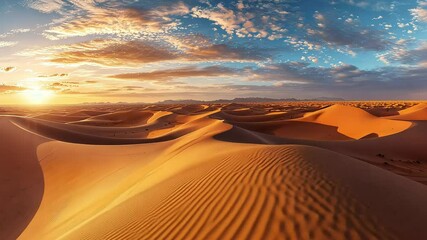 Wall Mural - Golden desert landscape at sunset with sand dunes and blue sky