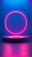 Aufkleber - Bright neon pink circle glowing against blue wall with reflective platform, futuristic and modern art concept
