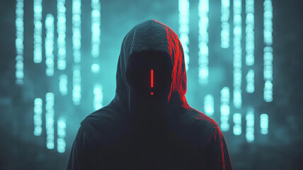 mysterious figure in hooded cloak stands against digital backdrop, evoking intrigue and suspense