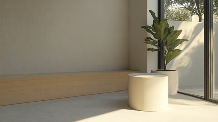 Wall Mural - Minimalist interior design featuring a plant and a round table in a sunlit room