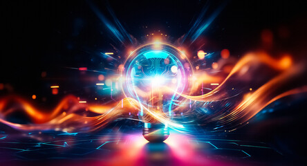 Poster - Glowing light bulb with circuit board design shines brightly against a dark backdrop. Neon lights outline the bulb and ground, creating a futuristic tech vibe.