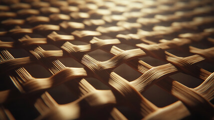 Detailed Close Up Of A Golden Woven Texture With Geometric Pattern And Interlaced Fiber