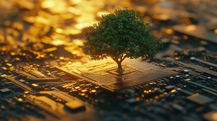 Poster - Tree growing from a computer circuit board with glowing elements, symbolizing technology and nature harmony. Environmental sustainability and innovation concept