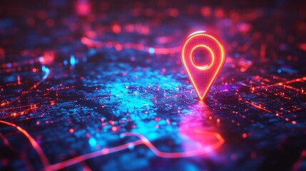 Poster - Neon red geolocation pin hovering over a digital city map with glowing blue and red hues, technology and navigation concept