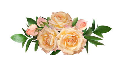 Wall Mural - yellow rose flowers and green ruscus leaves in a floral composition isolated on white or transparent