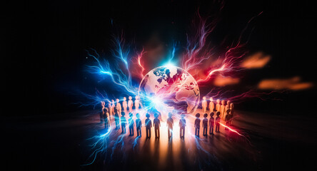 Leinwandbilder - Silhouettes of people form a ring around a glowing world globe, illuminated against a dark backdrop, symbolizing unity and global connection.
