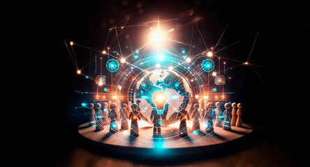 Poster - A group of figurines encircles a globe, illuminated from above. Lines connect points in the air, suggesting global network and communication under a bright light in the dark.