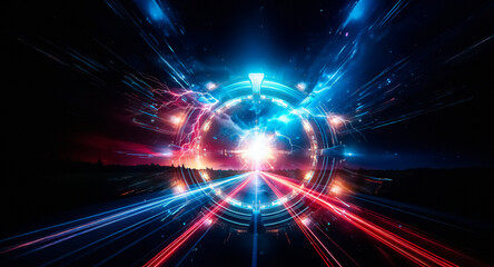 Poster - A dramatic night scene unfolds with vibrant red and blue lightning illuminating a dark sky above a road. Streaks of red and blue light trails streak across the asphalt, creating a sense of dynamic mot
