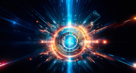 Aufkleber - Abstract image showcases a vibrant circular portal with a cyan core and orange rings. Dynamic blue and orange light beams radiate outward against a dark backdrop.