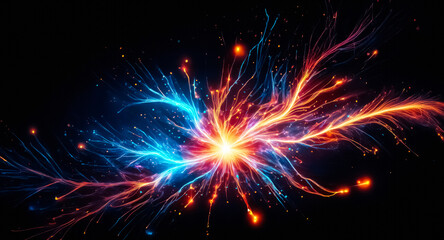 Aufkleber - Vibrant light bursts from the center, casting dynamic blue and orange energy streaks across a dark backdrop. Abstract and energetic display of light and color.