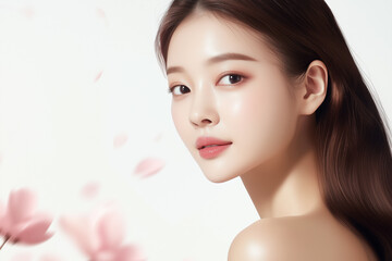 Fototapete - 美肌の若くて可愛いアジア女性モデルの美容ポートレート。ピンクの花びらが舞うキュートな印象。