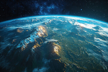 realistic photo of planet earth with south america, andes and amazon forests in view. blue space bac