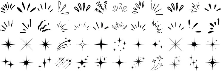 Wall Mural - doodle line sparkle vector set, hand drawn shining stars, comic burst elements, and decorative glowi