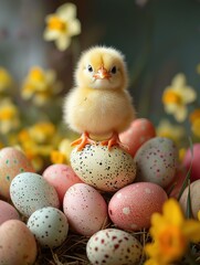 Sticker - Cute chick on colorful eggs. AI.