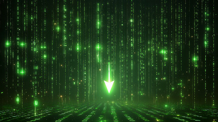 Green Digital Rain with Glowing Arrow Indicating Data Flow in Futuristic Cyber Space