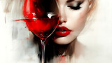 Close-up of a woman with red lips holding a wine glass, abstract painting in warm tones