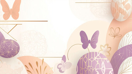 Wall Mural - A stylish Easter background with abstract geometric shapes, soft pastel colors like lavender and peach, and a subtle golden border, creating a modern, chic festive design.