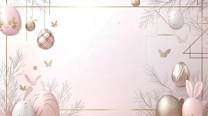 Wall Mural - A stylish Easter background with abstract geometric shapes, soft pastel colors like lavender and peach, and a subtle golden border, creating a modern, chic festive design.