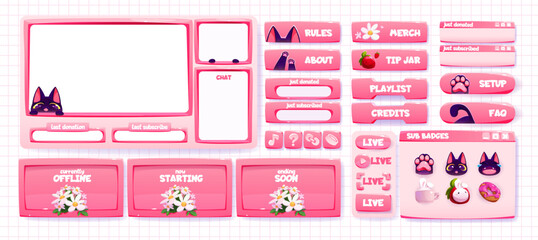 Girly game stream frames set isolated on background. Vector cartoon illustration of pink app windows and menu buttons, cute cat, donut, flower icons, empty borders, live broadcast user interface