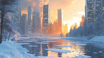 Wall Mural - Winter Sunset over a Frozen Cityscape