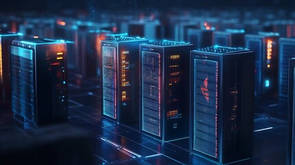 Futuristic Data Center: Servers Glowing with Digital Information