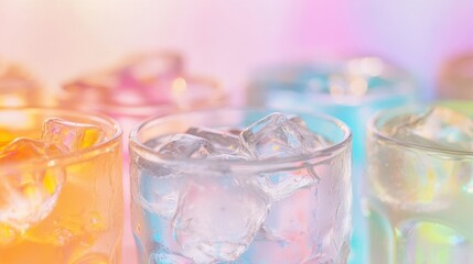 Wall Mural - Close-up of chilled glasses of water with ice cubes against a colorful pastel backdrop, fresh and bright.