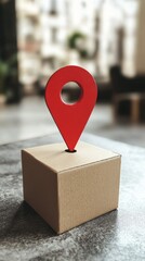Poster - Red map pin on cardboard box in blurred background, symbolizing location and navigation concept