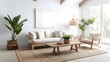 © Boss Architectura  - Bright and airy farmhouse inspired living space featuring whitewashed wood beams  a plush linen couch and armchair  a vintage inspired coffee table  a woven area rug  and potted greenery for a cozy